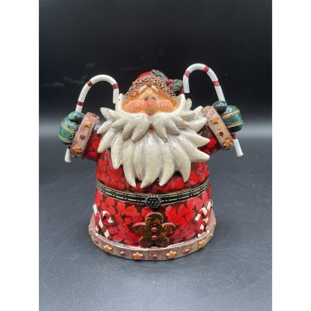 Vtg Santa Claus Holding Candy Canes Hinged Trinket Box Christmas